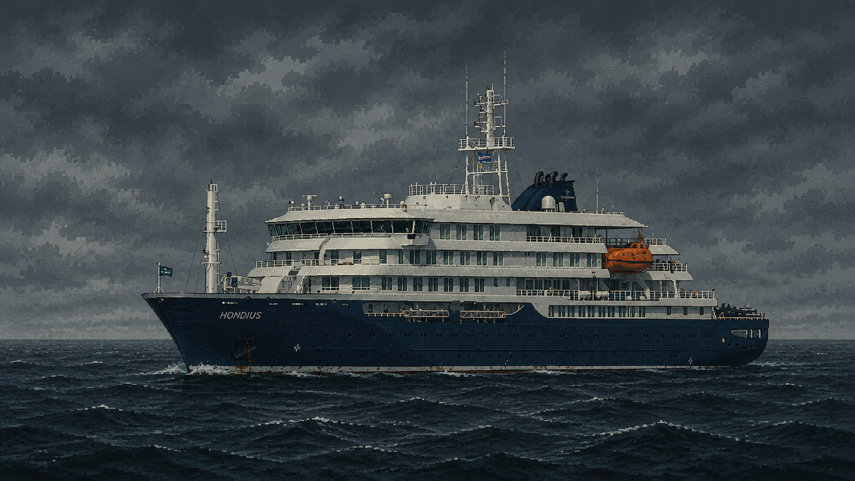 Pixel ship Hondius on a dark ocean